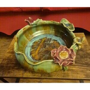 Vintage Majolica Style Lily Pad Ceramic Bowl Frog Lotus Flower Drip Glaze Plante